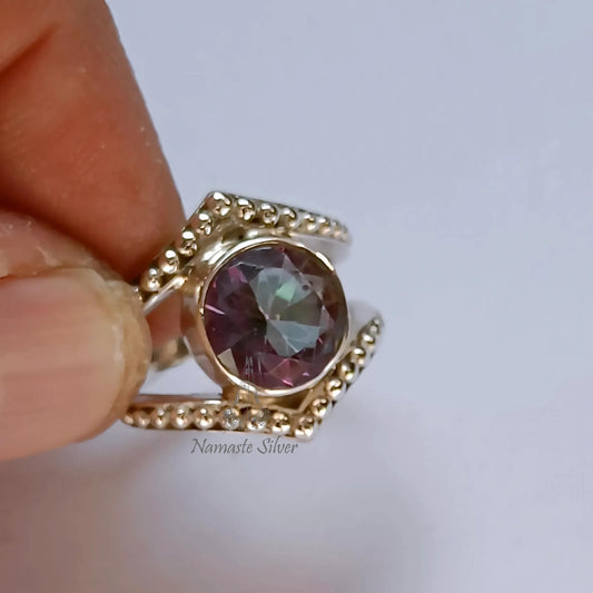 Aurora Mystic Topaz Ring, 925 Sterling Silver Statement Promise Ring, Mystic Topaz Round Gemstone Handmade Jewelry, November Birthstone Gift