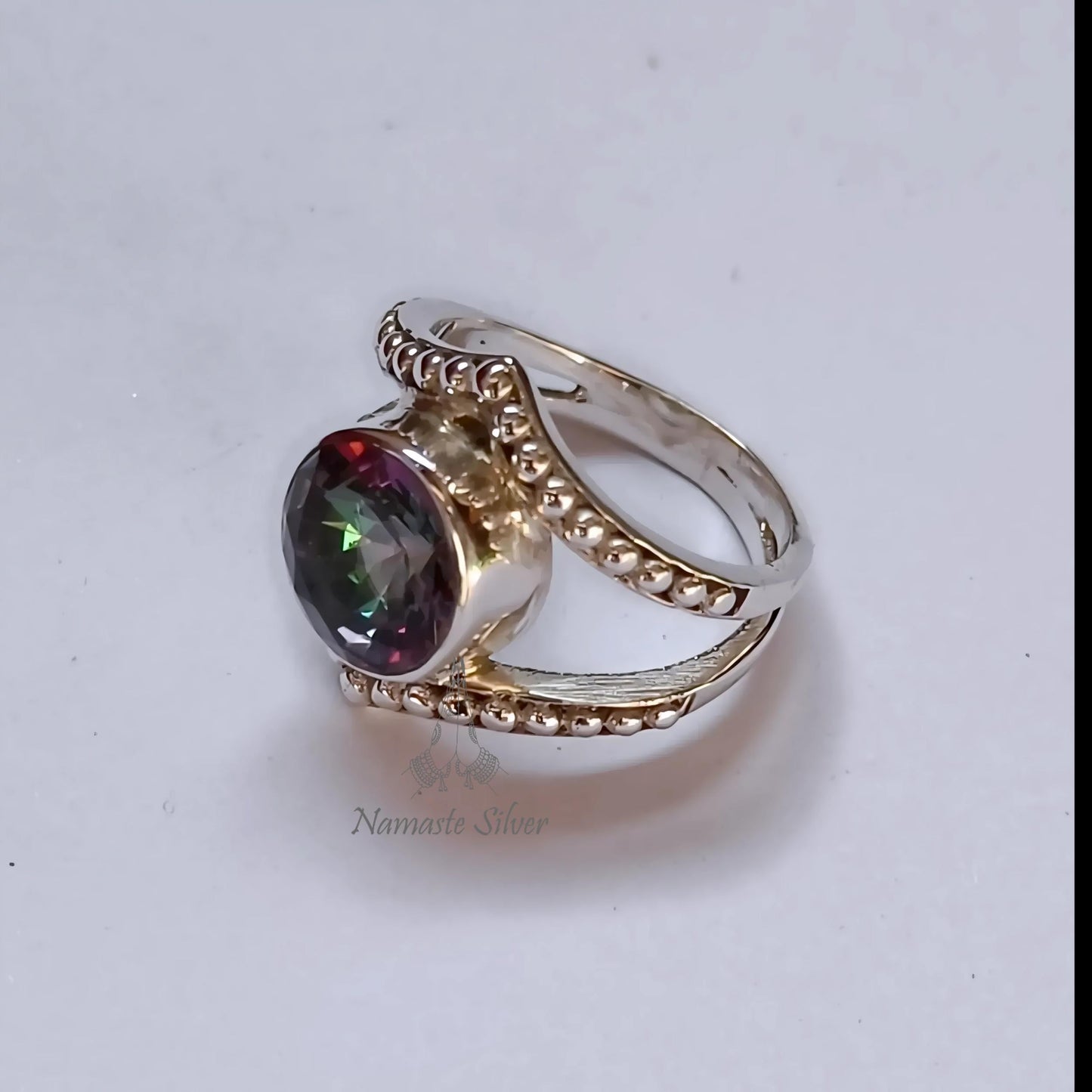 Aurora Mystic Topaz Ring, 925 Sterling Silver Statement Promise Ring, Mystic Topaz Round Gemstone Handmade Jewelry, November Birthstone Gift
