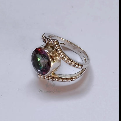 Aurora Mystic Topaz Ring, 925 Sterling Silver Statement Promise Ring, Mystic Topaz Round Gemstone Handmade Jewelry, November Birthstone Gift