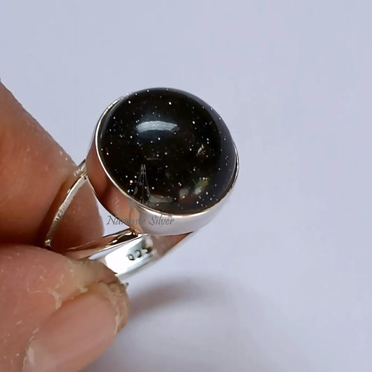 Blue Sunstone Ring, 925 Sterling Silver Statement Promise Ring for Women, Natural Blue Sun stone Round Handmade Jewelry, Unique Gift For Her