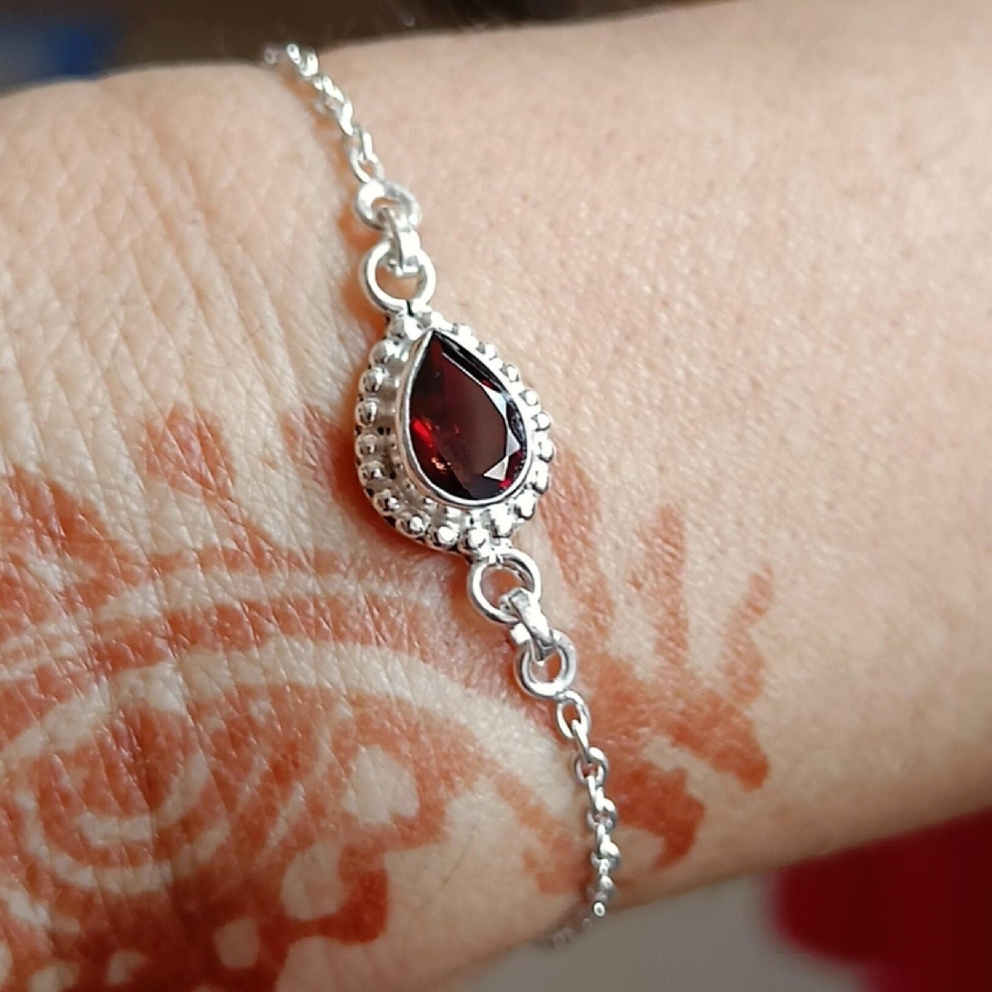 Garnet Bracelet, 925 Sterling Silver Bracelet, Natural Garnet Pear shape Gemstone Handmade Jewelry, January Birthstone, Unique Gift For Her
