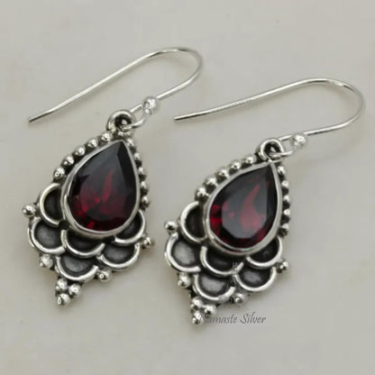 Garnet Earrings, 925 Sterling Silver Dangle Earrings, Natural Garnet Pear Shape Handmade Jewelry, January Birthstone, Unique Gift for Her
