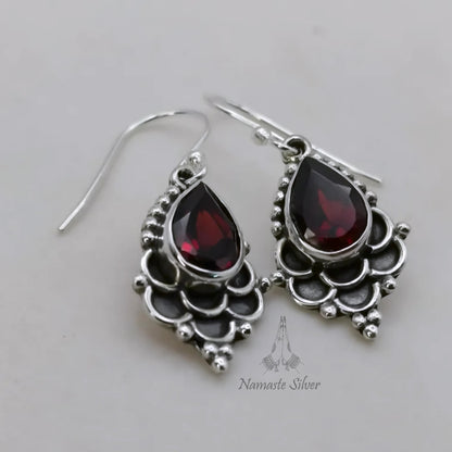 Garnet Earrings, 925 Sterling Silver Dangle Earrings, Natural Garnet Pear Shape Handmade Jewelry, January Birthstone, Unique Gift for Her