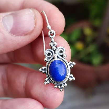 Lapis Lazuli Earrings, 925 Sterling Silver Dangle Earrings, Natural Lapis Oval Gemstone Handmade Jewelry, September Birthstone, Gift for Her