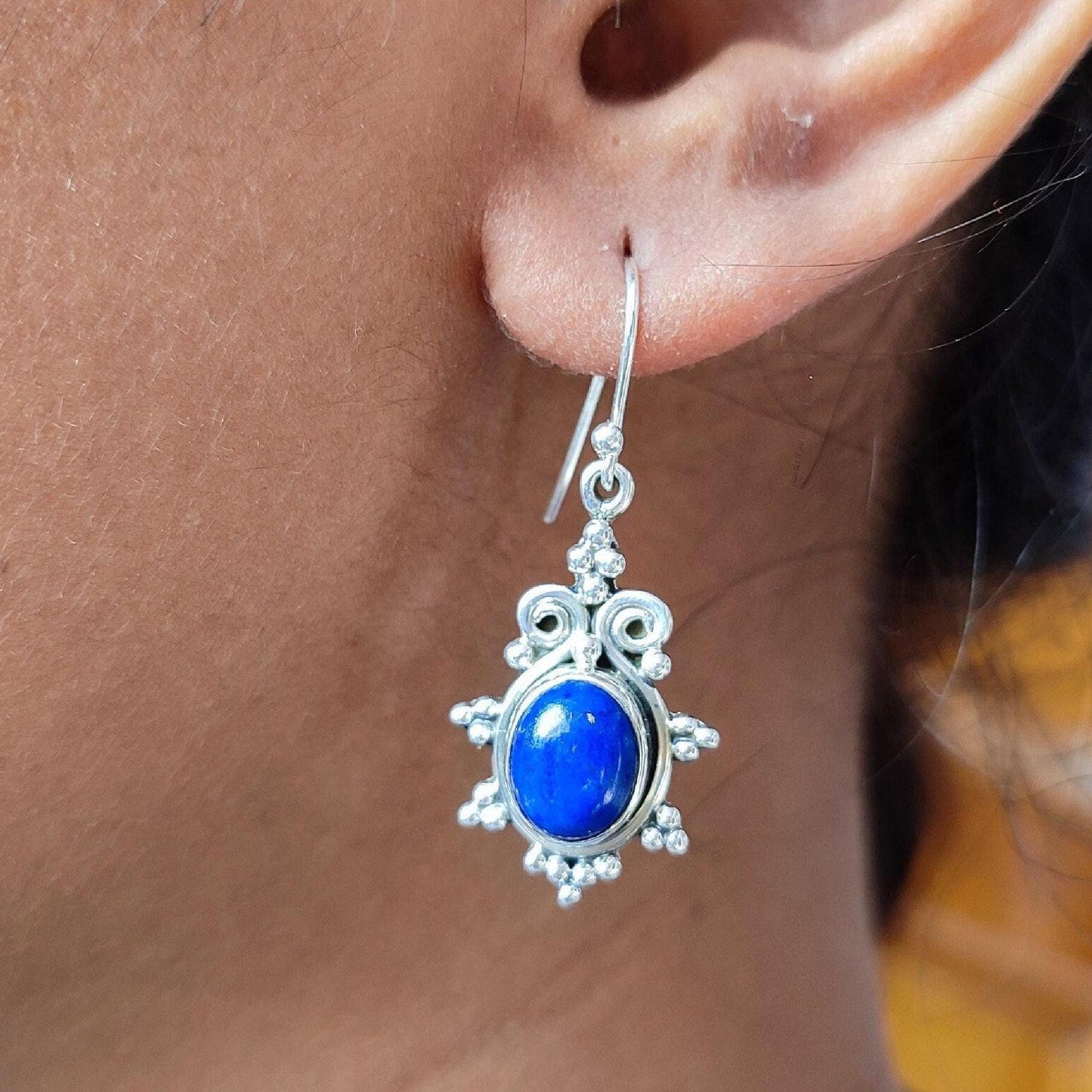 Lapis Lazuli Earrings, 925 Sterling Silver Dangle Earrings, Natural Lapis Oval Gemstone Handmade Jewelry, September Birthstone, Gift for Her