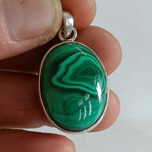 Malachite Pendant, 925 Sterling Silver Pendant, Natural Green Malachite Oval Gemstone Handmade Boho Jewelry, Unique Birthstone Gift For Her