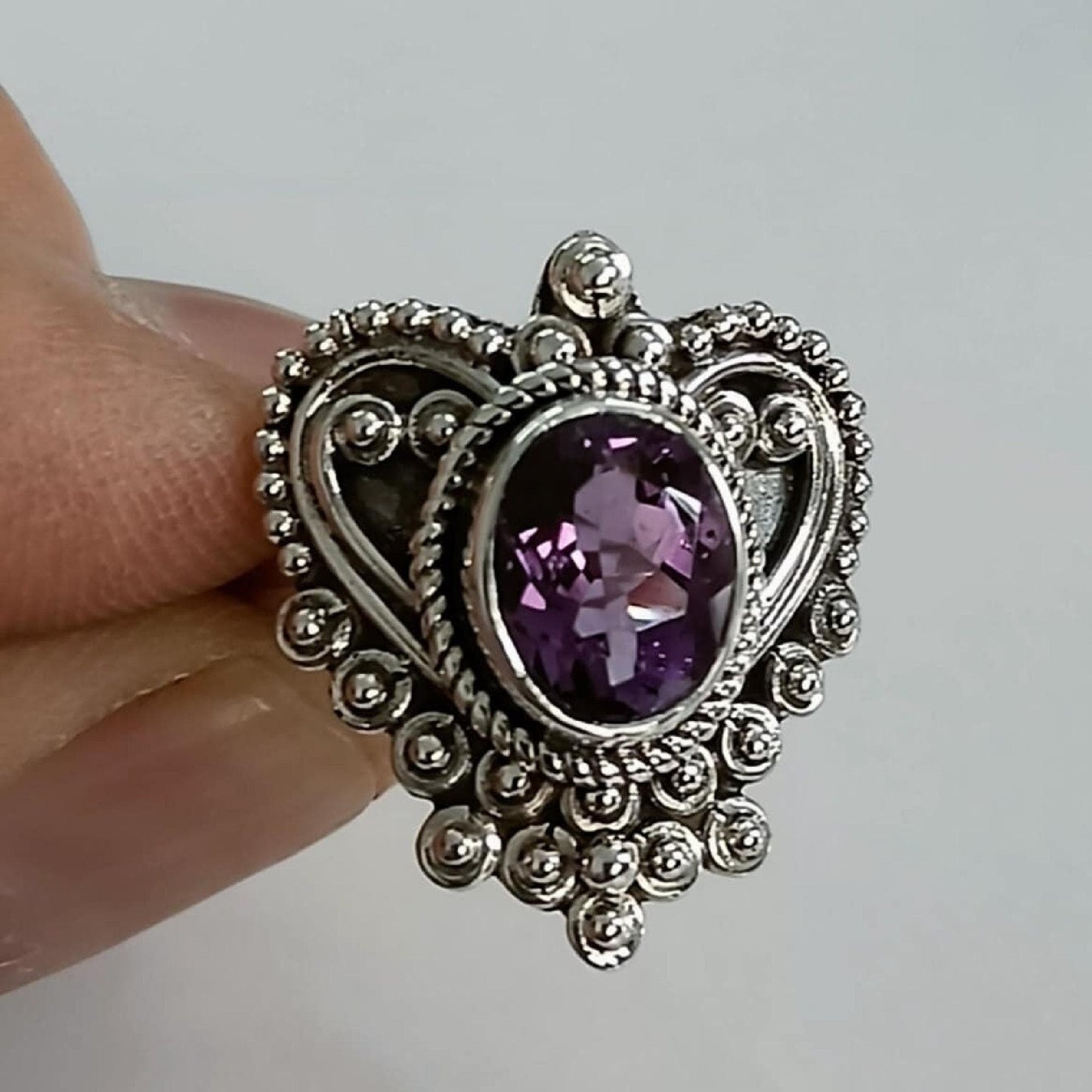 Amethyst Ring, 925 Sterling Silver Heart Shape Ring, Handmade Natural Purple Gemstone Oval Boho Jewelry, February Birthstone, Gift for Her
