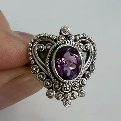 Amethyst Ring, 925 Sterling Silver Heart Shape Ring, Handmade Natural Purple Gemstone Oval Boho Jewelry, February Birthstone, Gift for Her