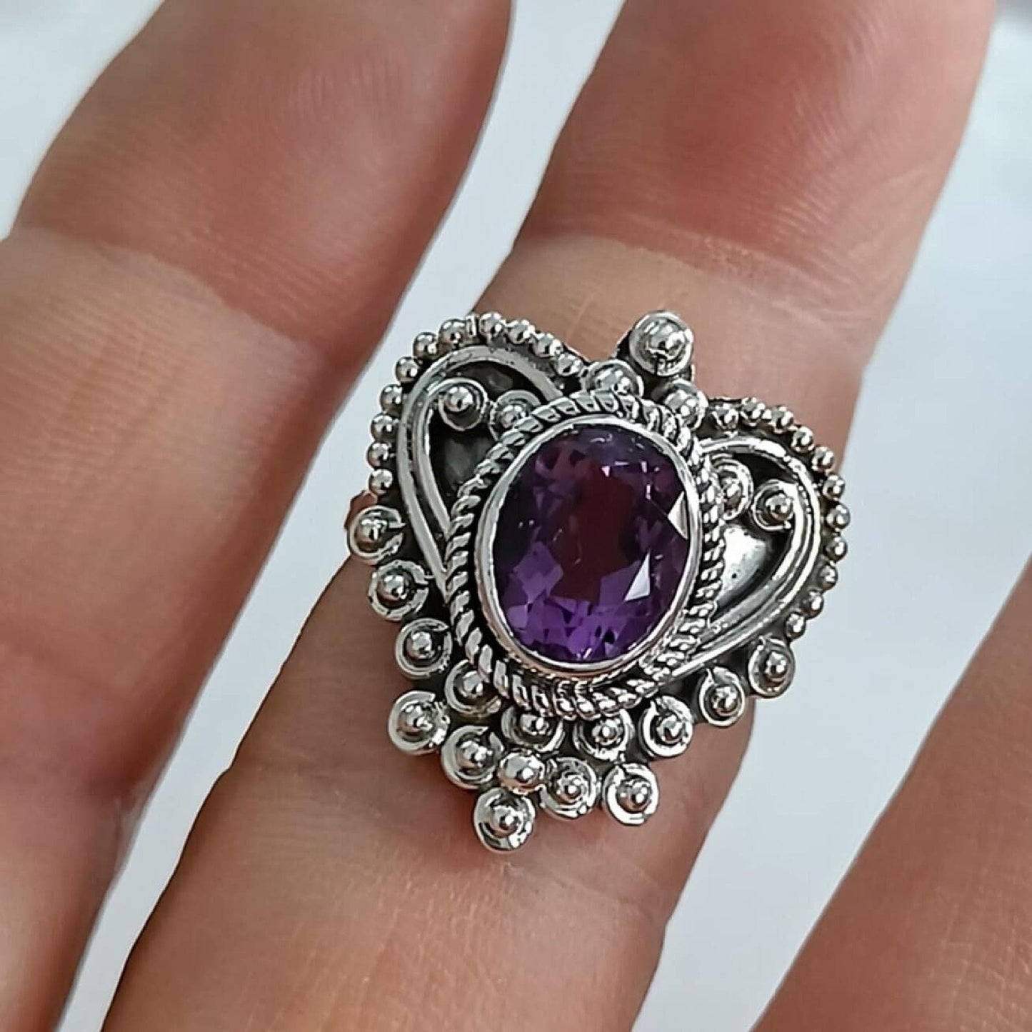 Amethyst Ring, 925 Sterling Silver Heart Shape Ring, Handmade Natural Purple Gemstone Oval Boho Jewelry, February Birthstone, Gift for Her