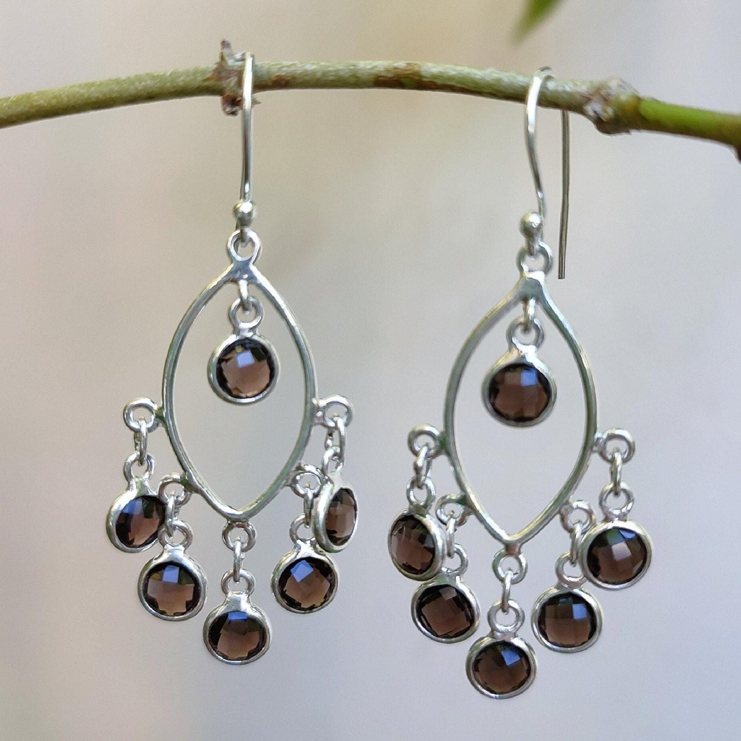 Smoky Quartz Earrings, 925 Sterling Silver Handmade Dangle Earrings, Natural Smoky Quartz Round Briolette Gemstone Jewelry, Gift for Her