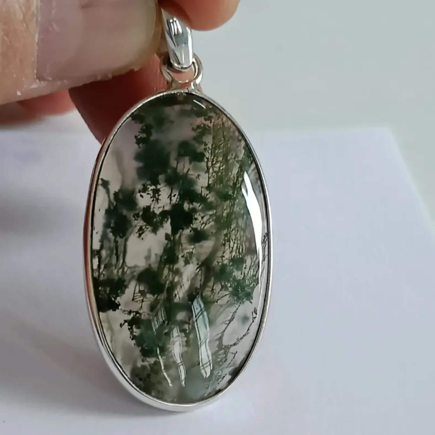 Moss Agate Pendant, 925 Sterling Silver Agate necklace Locket, Natural Moss Agate Big Oval Handmade Gemstone Jewelry, Unique Gift For Her