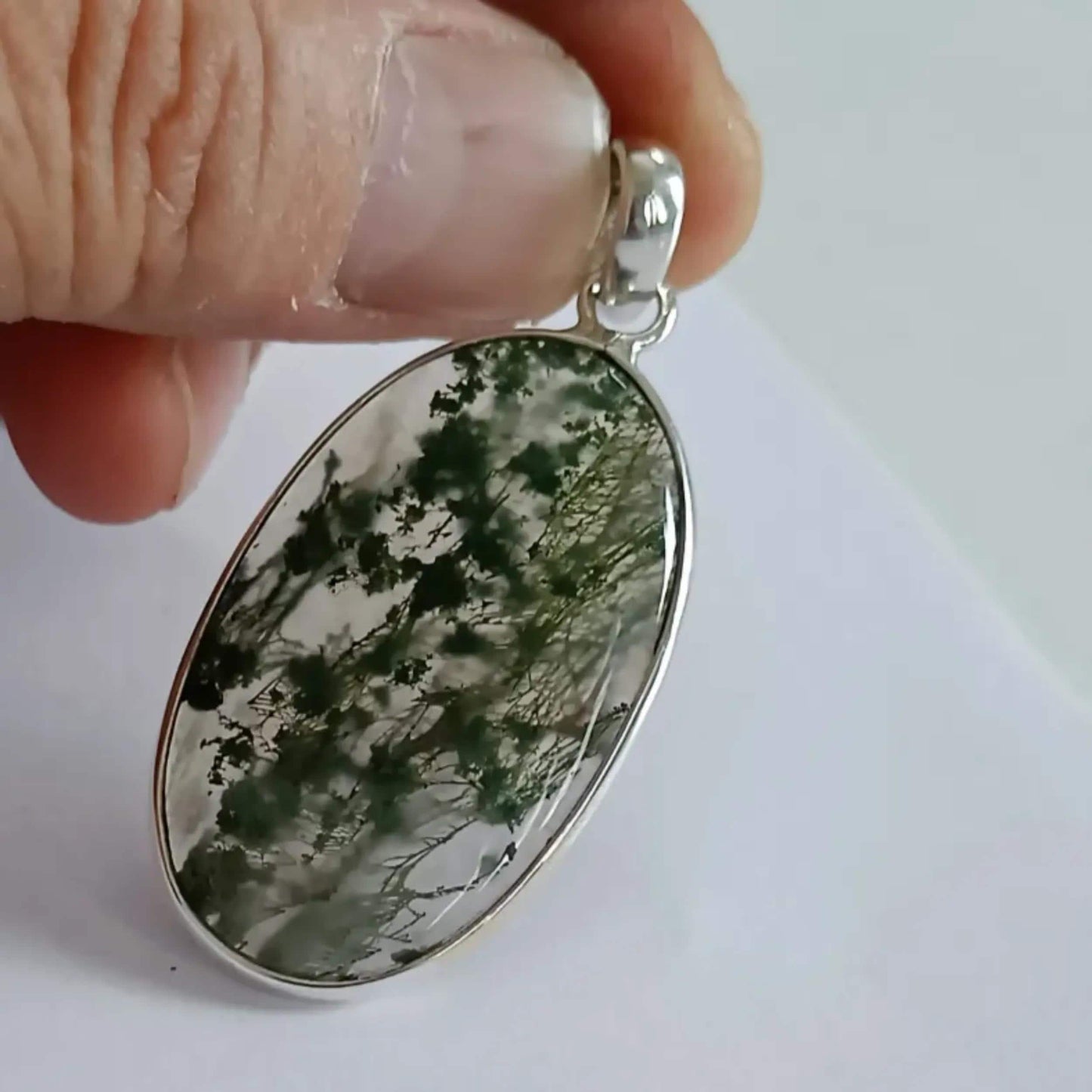 Moss Agate Pendant, 925 Sterling Silver Agate necklace Locket, Natural Moss Agate Big Oval Handmade Gemstone Jewelry, Unique Gift For Her