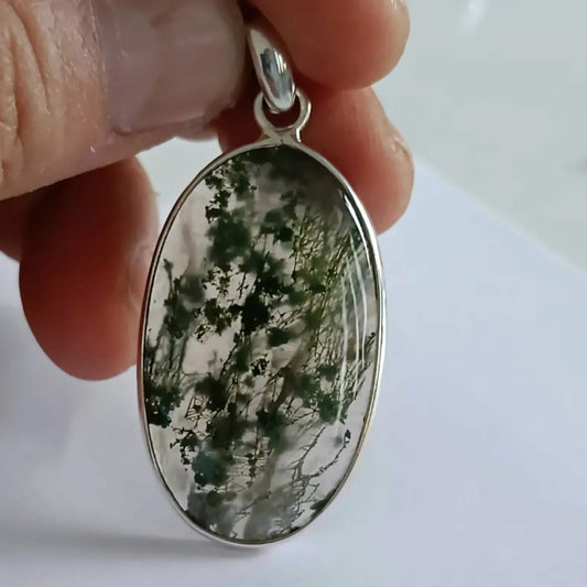 Moss Agate Pendant, 925 Sterling Silver Agate necklace Locket, Natural Moss Agate Big Oval Handmade Gemstone Jewelry, Unique Gift For Her