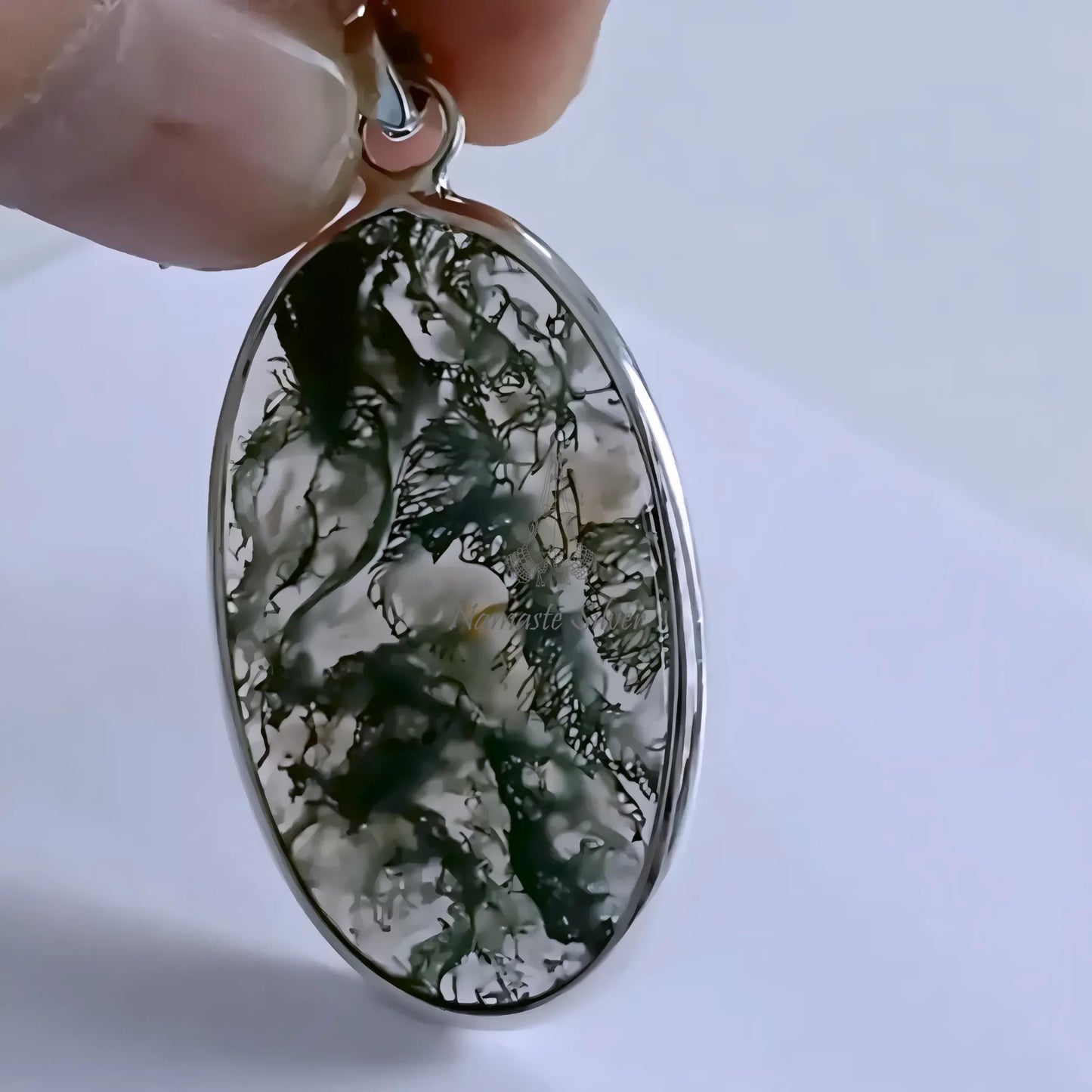 Moss Agate Pendant, 925 Sterling Silver Agate Locket, Natural Moss Agate Oval Handmade Large Gemstone Jewelry, Unique Gift For Her necklace