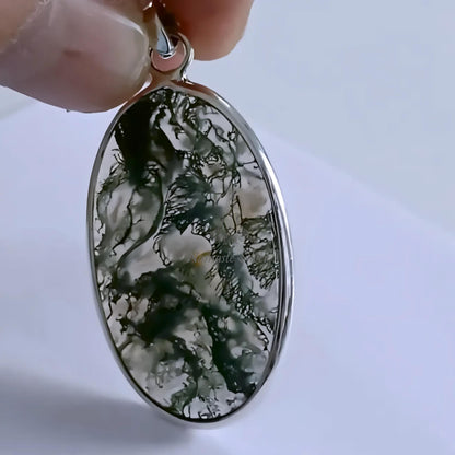 Moss Agate Pendant, 925 Sterling Silver Agate Locket, Natural Moss Agate Oval Handmade Large Gemstone Jewelry, Unique Gift For Her necklace